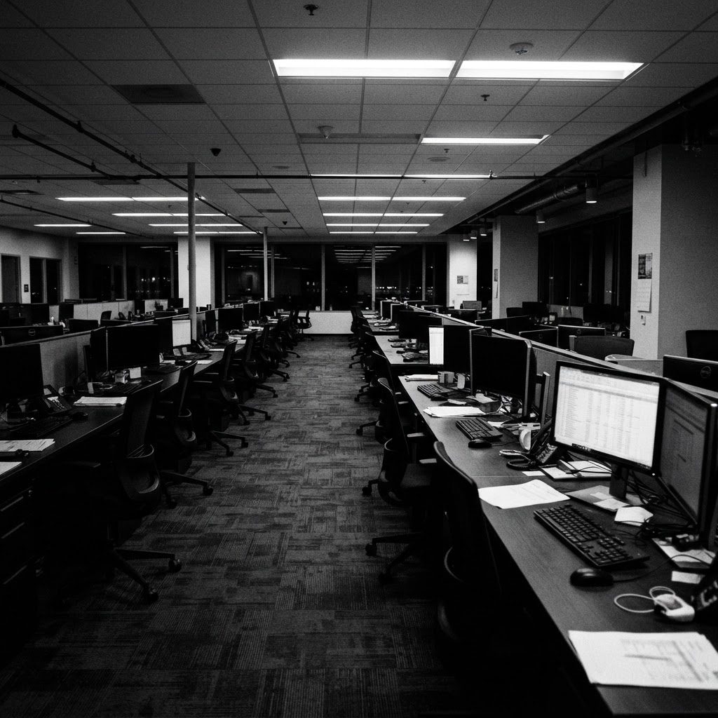 Empty corporate finance department at night with rows of monitors showing blurred spreadsheet grids